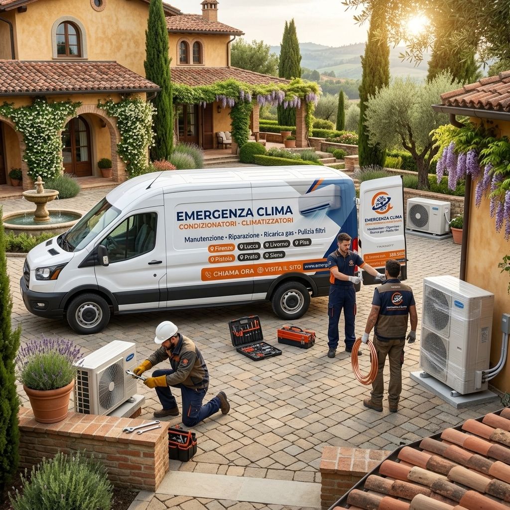 Furgone e tecnici Emergenza Clima al lavoro sulle unità esterne in Toscana